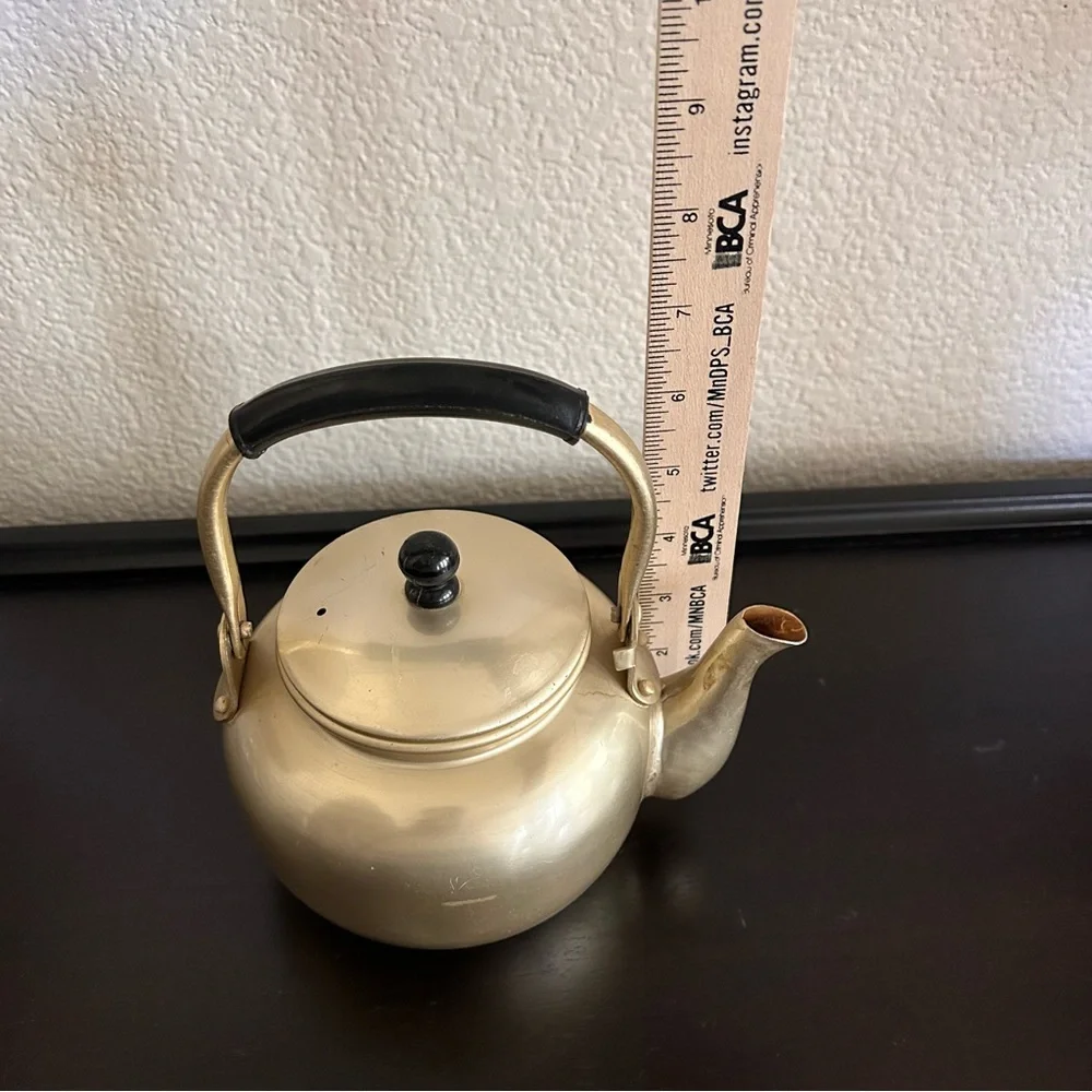 vintage gold-toned aluminum teapot with a black handle mid century modern 5” dia - Picture 9 of 10